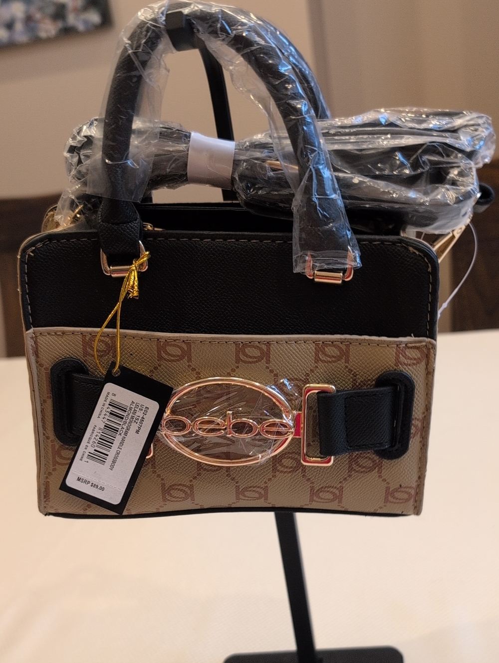 bebe Tan and Black Logo Satchel with Gold Accent
